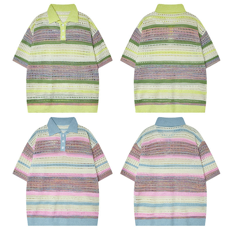 Camisas Retros retro stripes gradual change color spring and summer hollow knit sweater