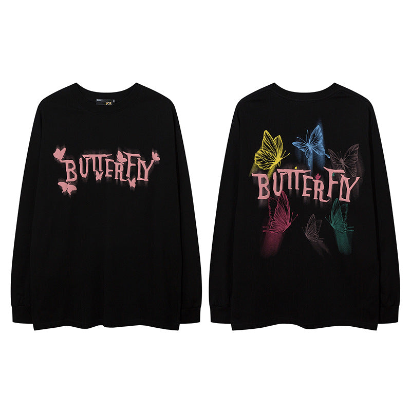 Vintage T Shirts Hip Hop Butterfly Long Sleeve T-Shirt Hip Hop Vintage Loose Long Sleeve