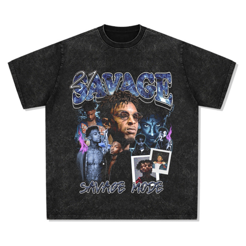 Streetwear masculino vintage hip hop 21 savage print short sleeve t-shirt