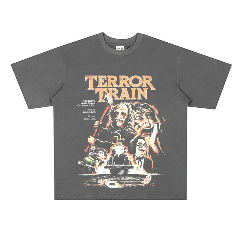 Film Star T Shirt Horror Movie Death Train Pure Cotton Loose Nostalgic Short Sleeve Trendy T-shirt Men and Women