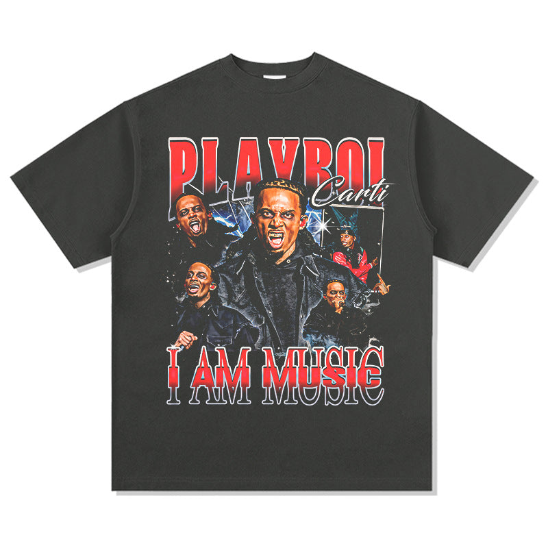 Outfit streetwear retro hip hop Playbois Carti print short sleeve t-shirt