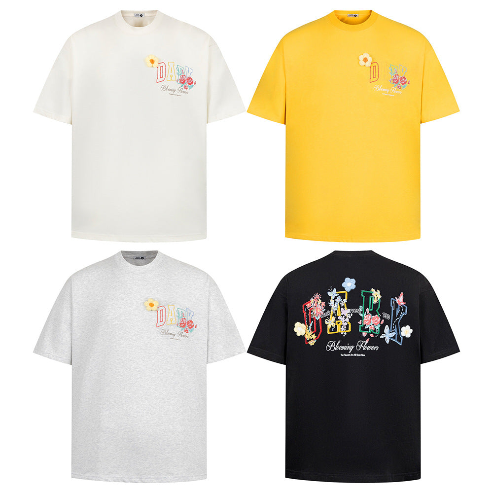 Hip Hop Clothes New York Vintage Embroidery Floral Alphabet Print Short Sleeve T-Shirt
