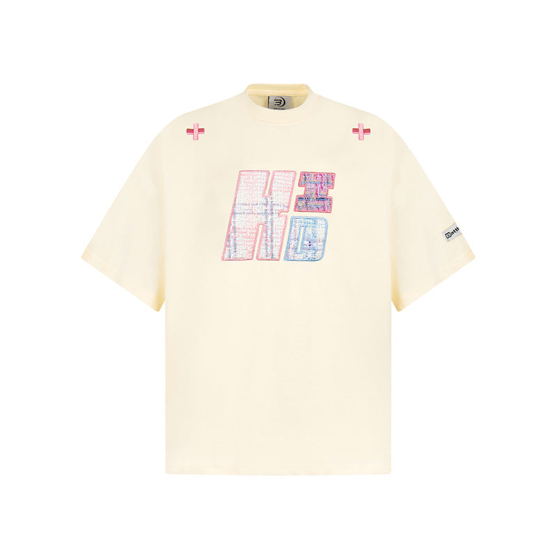 Camisas Retros Embroidered Printed Short Sleeve T-Shirt Summer Loose Casual Top