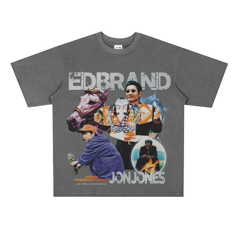 Film Star T Shirt Loose American Retro Heavy round Neck Street T-shirt for Men and Women