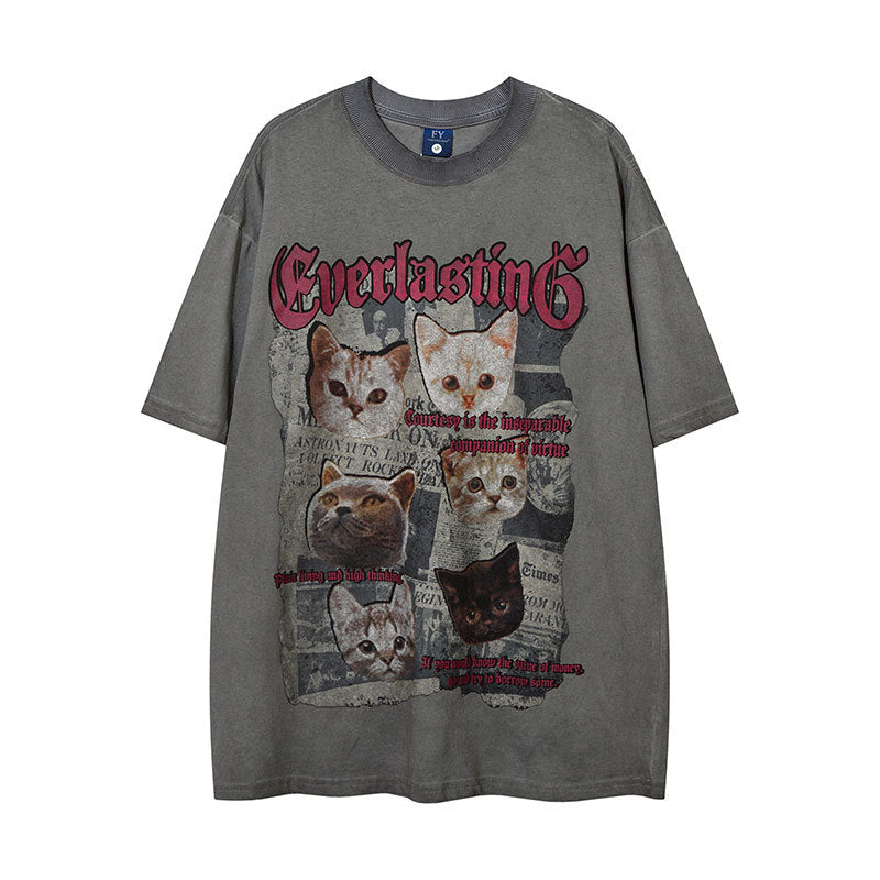 Vintage Tišö Rt Vintage Cat Wash Old Short Sleeve Hip Hop T-Shirt