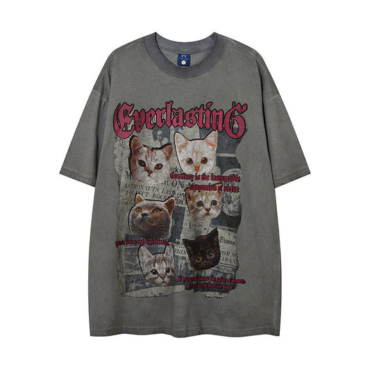 Vintage Tišö Rt Vintage Cat Wash Old Short Sleeve Hip Hop T-Shirt