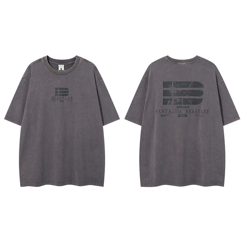 Casual Street Wear Washed Letter Print Loose Crew Neck Short Sleeve T-Shirt