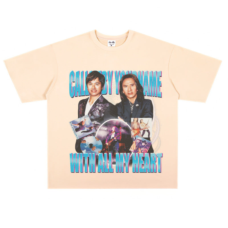 Film Star T Shirt Medium Loose Heavy Weight Retro Street Cotton T-shirt Men and Women