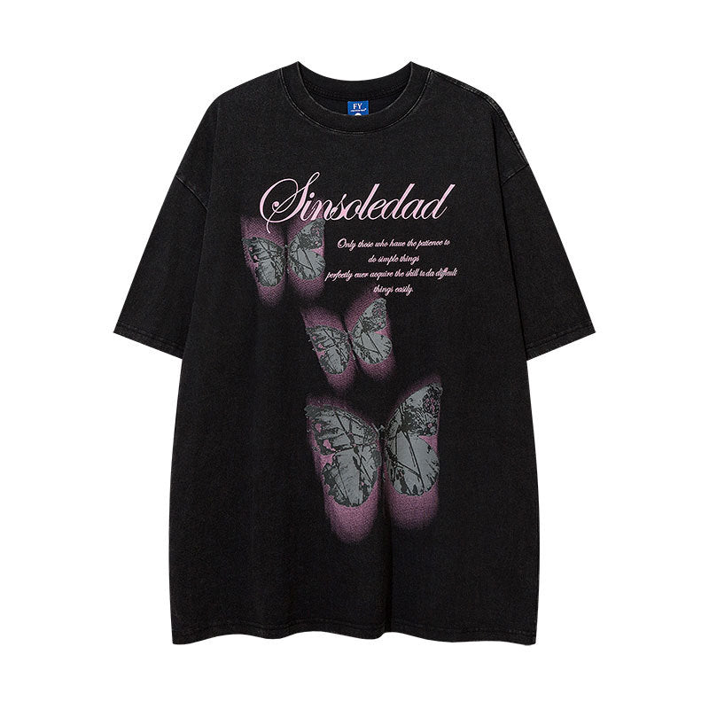 Vintage Tišö Rt Butterfly print washed short-sleeved men's and women's T-shirts