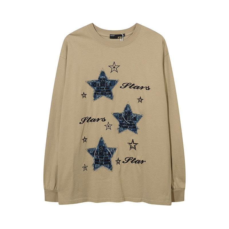 Vintage T Shirts Hip Hop Star Denim Patch Embroidered Long Sleeve T-Shirt