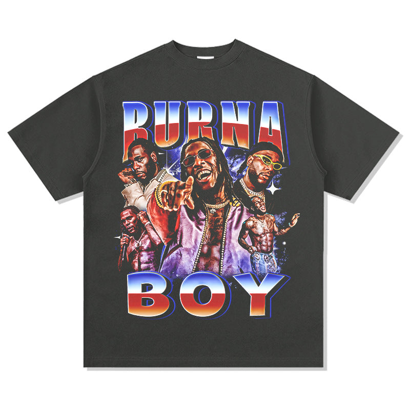 Streetwear masculino vintage hip hop Burna Boy print short sleeve t-shirt