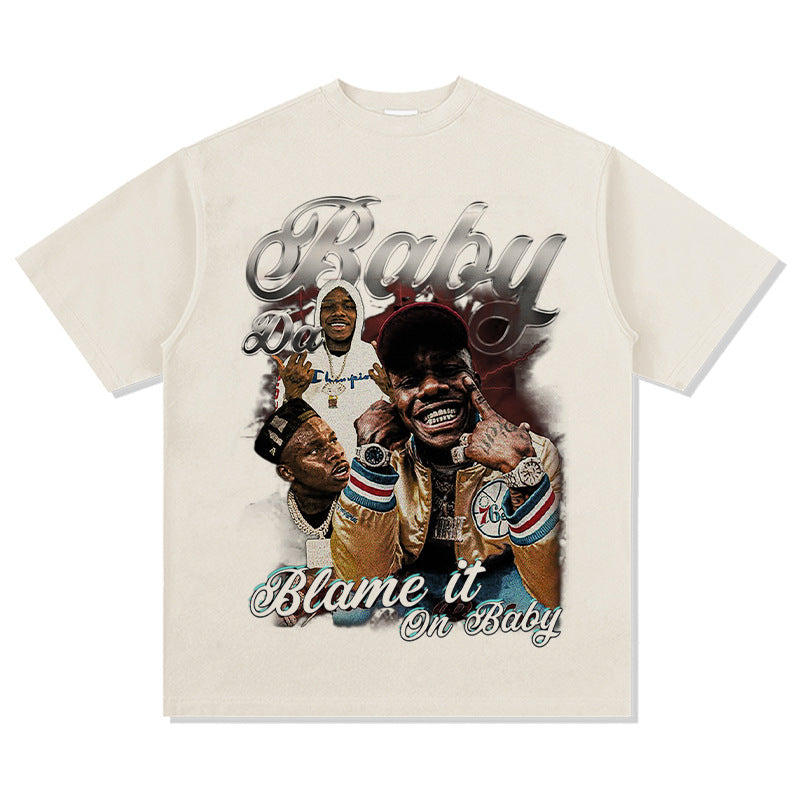 Cool t rapper DaBaby print hip hop rap short sleeve men t retro washed t-shirt loose top