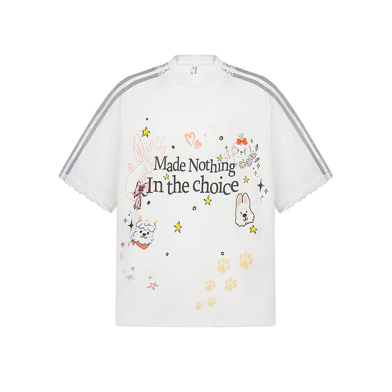 Vintage 90s Hip Hop Clothing Vintage Striped Cartoon Print Sports Short Sleeve T-Shirt