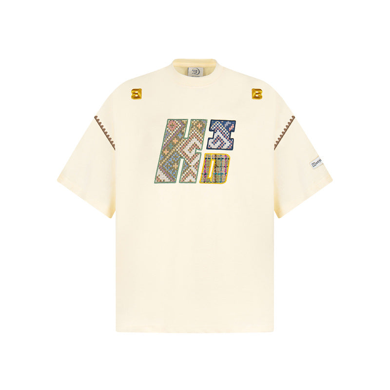 Camisas Retros Vintage Patch Embroidered Short Sleeve T-Shirt Oversize Top