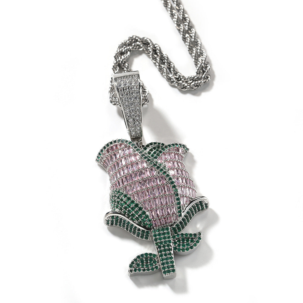Jewelry Rose Pendant Vintage Hip Hop Copper Microencrusted Zircon Spectrum St. Valentine's