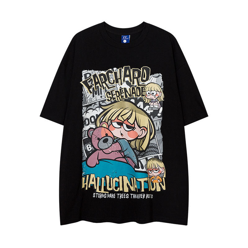 Vintage Tišö Rt Hip Hop Graffiti Cartoon Print Short Sleeve T-Shirt