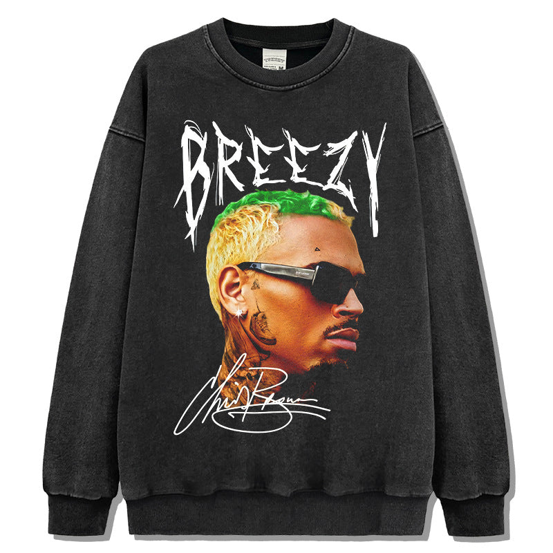 Marcas streetwear usa vintage hip hop Chris Brown print crew neck sweater wash sweater