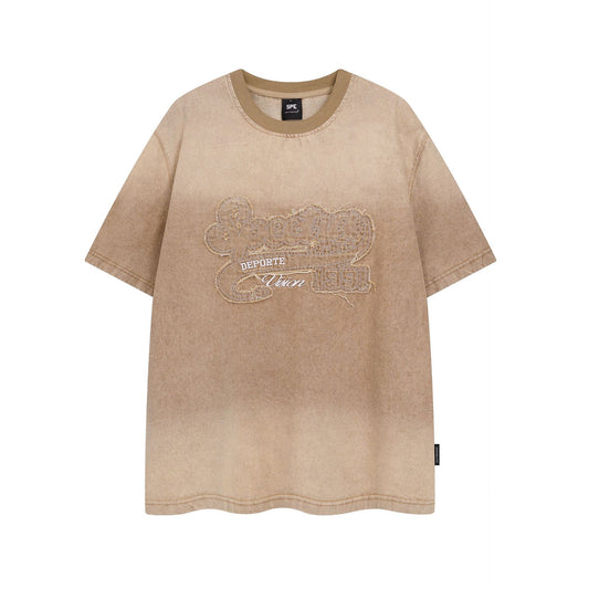 Retro Style Shirt For Men Summer Vintage Embroidery gradual change color washed denim t-shirt short sleeve