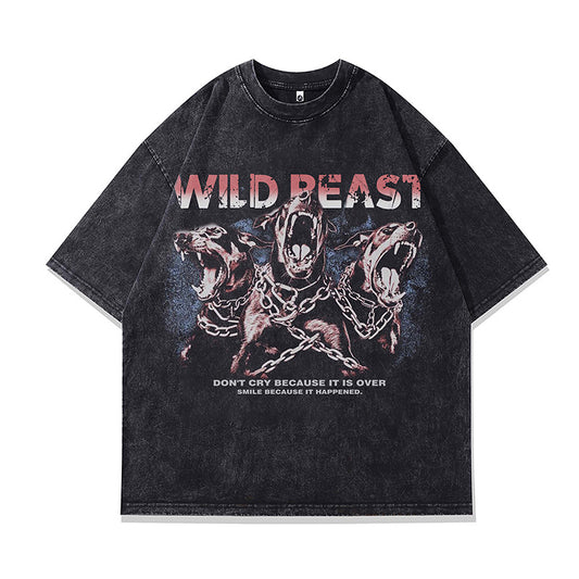 Ropa Vintage Hombre Vintage Doberman Printed Washed Old Short Sleeve T-Shirt