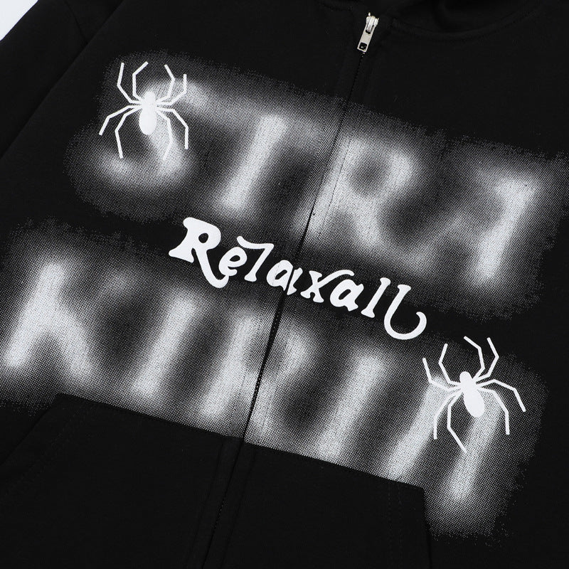 Streetwear Hoodie Vintage Spider Embroidered Hooded Sweater Loose Hip Hop Zip Cardigan Jacket