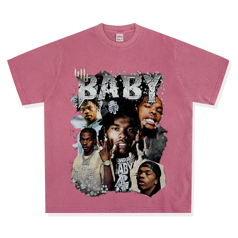 Cool t rapper retro hip hop Lil Baby print short sleeve t-shirt loose crew neck