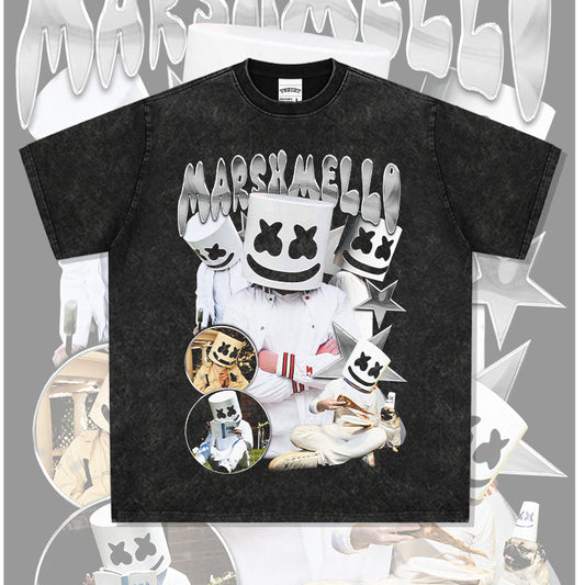 Streetwear masculin MARSHMELLO vintage hip hop rap print short sleeve t-shirt