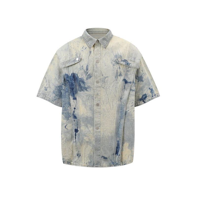 Stone Wash T shirt tie-dye gradual change washed old denim short sleeves