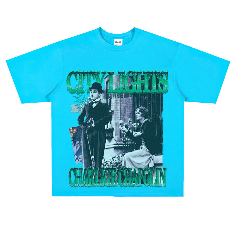Film Star T Shirt Classic Movie Surrounding City Light Loose Retro Street Cotton T-shirt