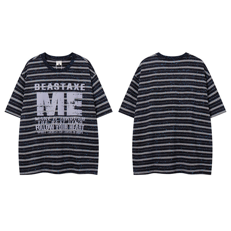 Y2K mens shirt retro old striped crew neck casual t-shirt