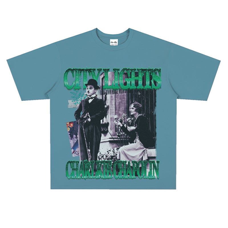 Film Star T Shirt Classic Movie Surrounding City Light Loose Retro Street Cotton T-shirt