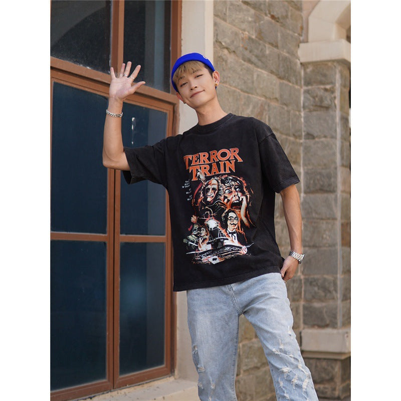 Film Star T Shirt Horror Movie Death Train Pure Cotton Loose Nostalgic Short Sleeve Trendy T-shirt Men and Women
