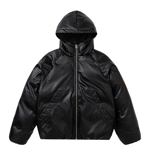 Unisex Down Jacket Men's Winter Thickened Leather Hooded Cotton Jacket