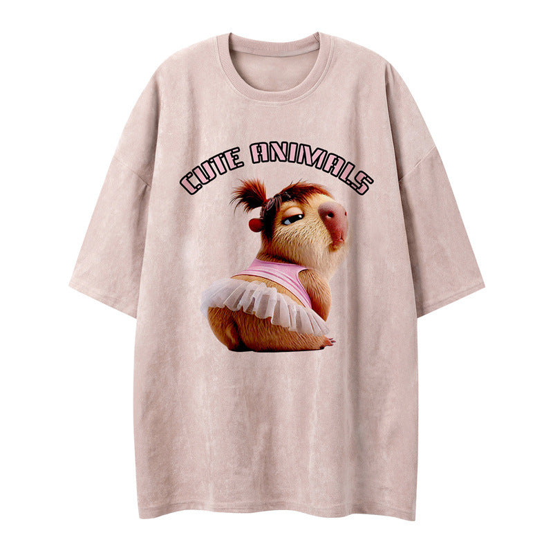 US drip outfits Summer Vintage Cartoon Animal Print Casual Loose Short Sleeve T-Shirts