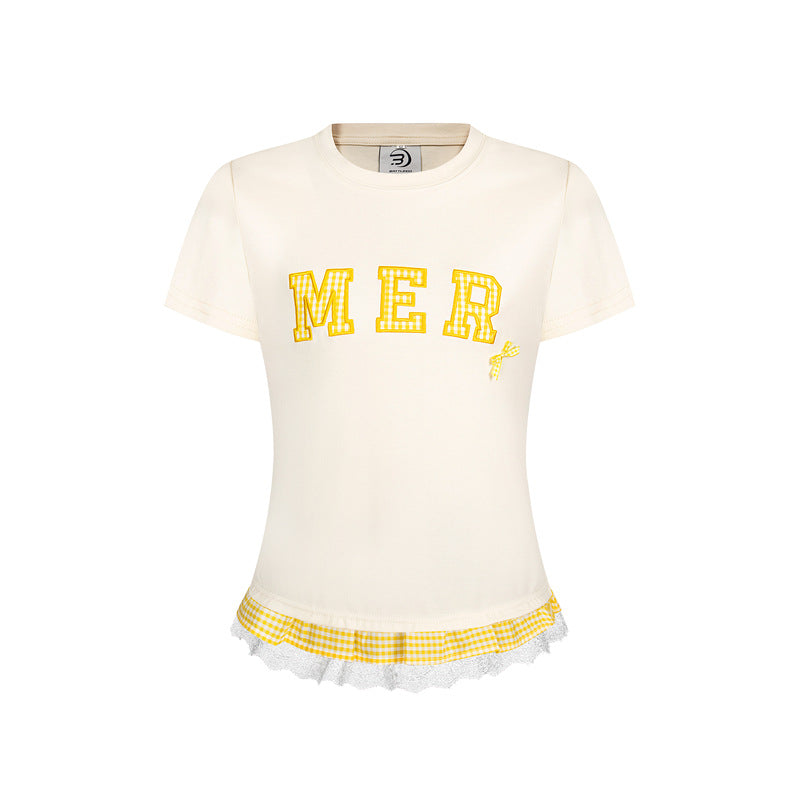 Casual Street Wear Embroidered Classic Alphabet Bow T-Shirt Crew Neck