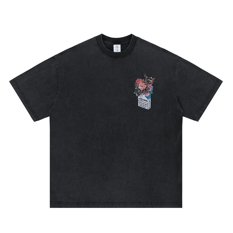 Vic Streetwear Summer Flower Letter Vintage Oversize Short Sleeve T-Shirt