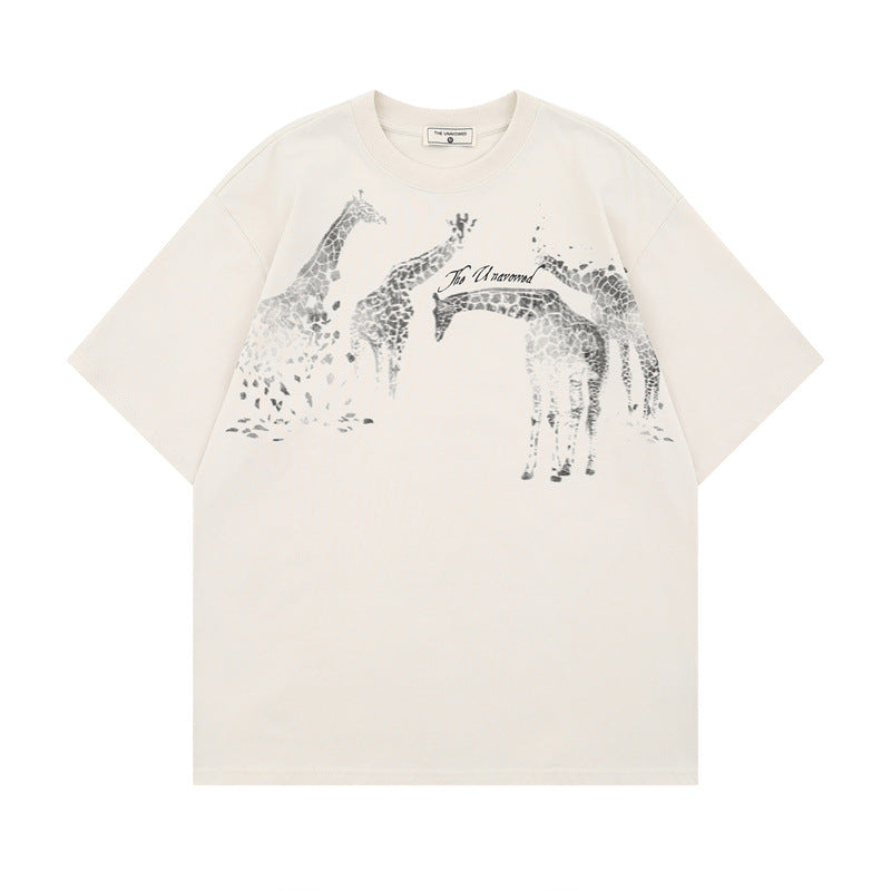US drip outfits summer vintage giraffe print casual loose short sleeve T-Shirts