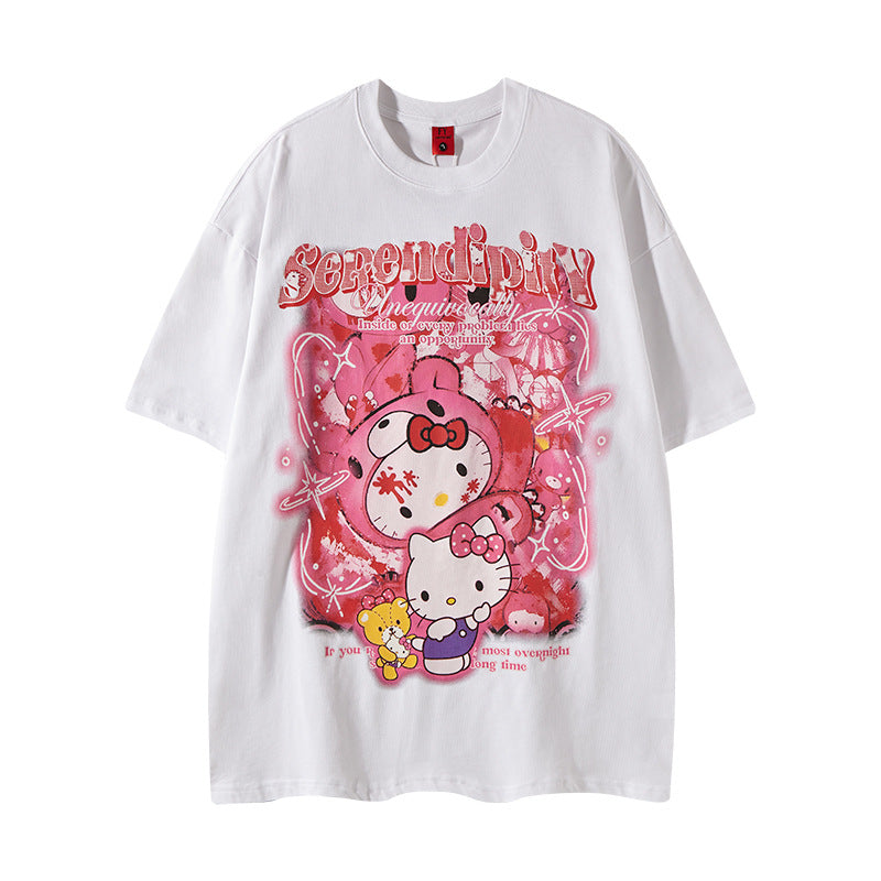 Nyc 1990 Shirt Summer Cartoon Printed Kitten Crew Neck T-Shirt