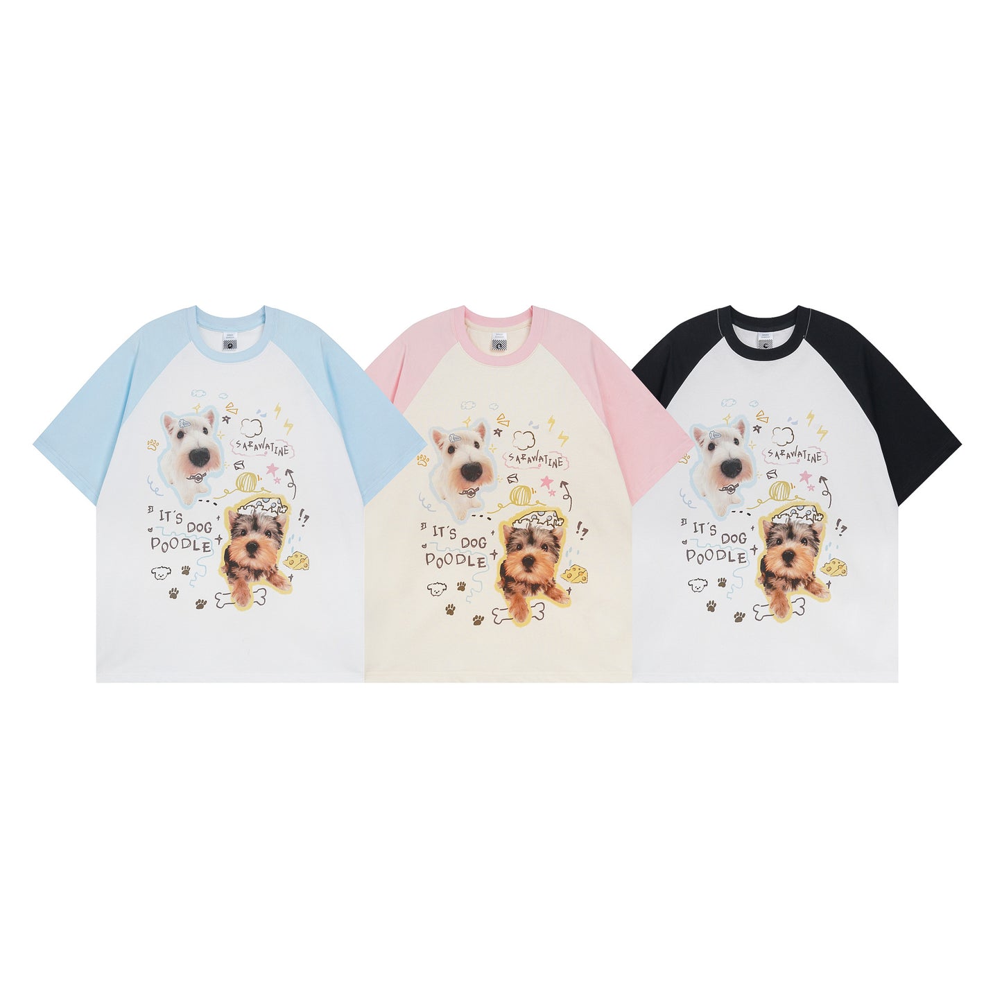 USA Vintage T-Shirt Vintage Cute Puppy Printed Men's and Women's Summer Loose Contrast Colors Ragged Sleeves