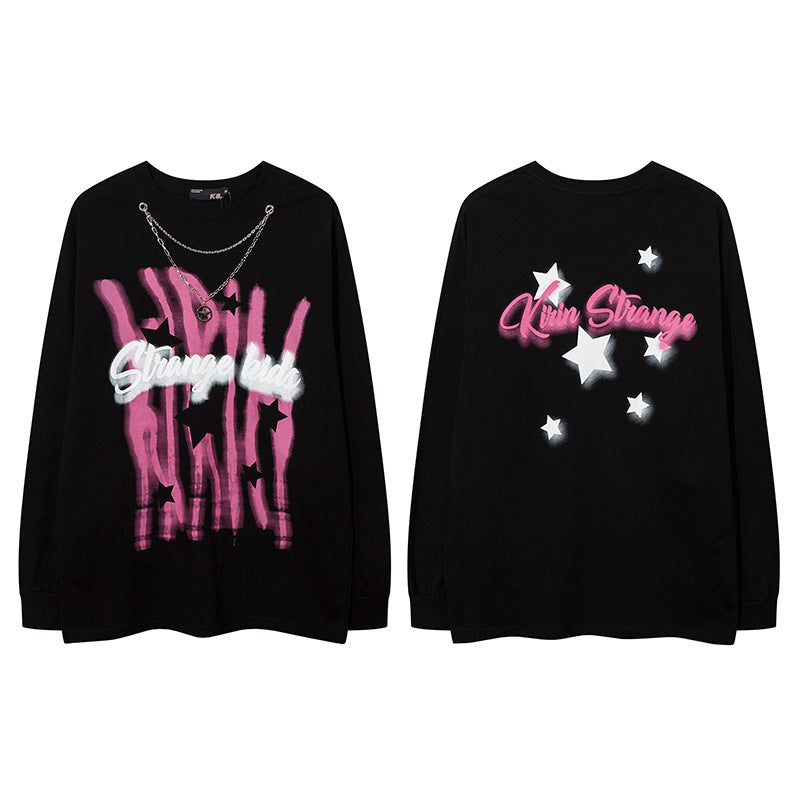 Vintage T Shirts Hip Hop Graffiti Letter Necklace Long Sleeve T-Shirt oversize