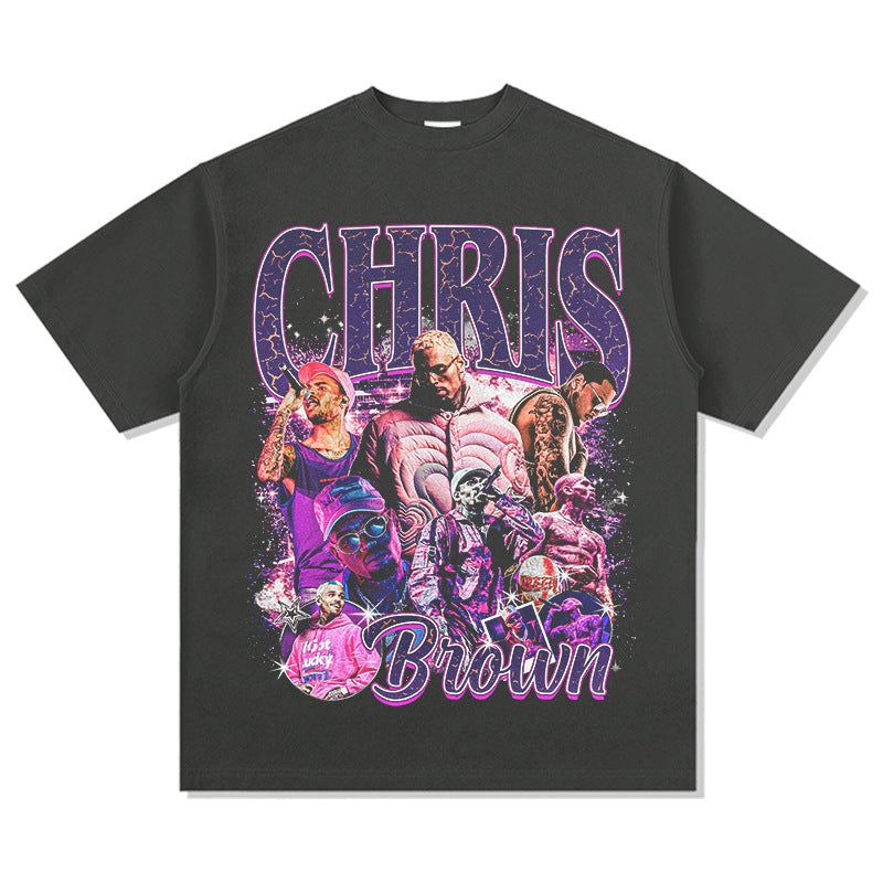 Streetwear masculino vintage hip hop chris brown print short sleeve t-shirt