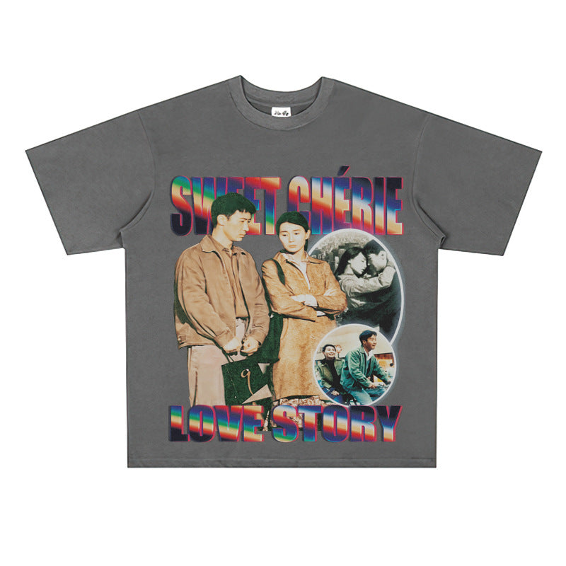Film Star T Shirt Loose Heavy Retro Street Cotton Small Neckline T-shirt for Men and Women
