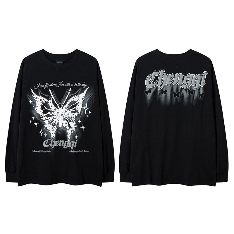 Marcas De Streetwear Autumn Long Sleeve T-Shirt Butterfly Graffiti Print Loose Top