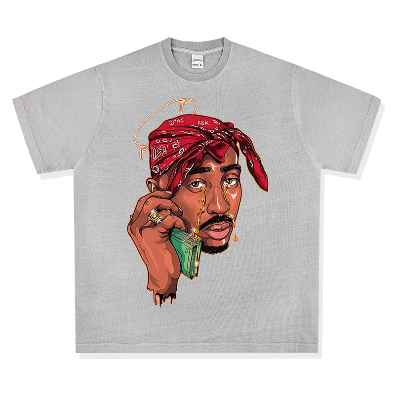 Streetwear masculino vintage hip hop tupac print short sleeve t-shirt