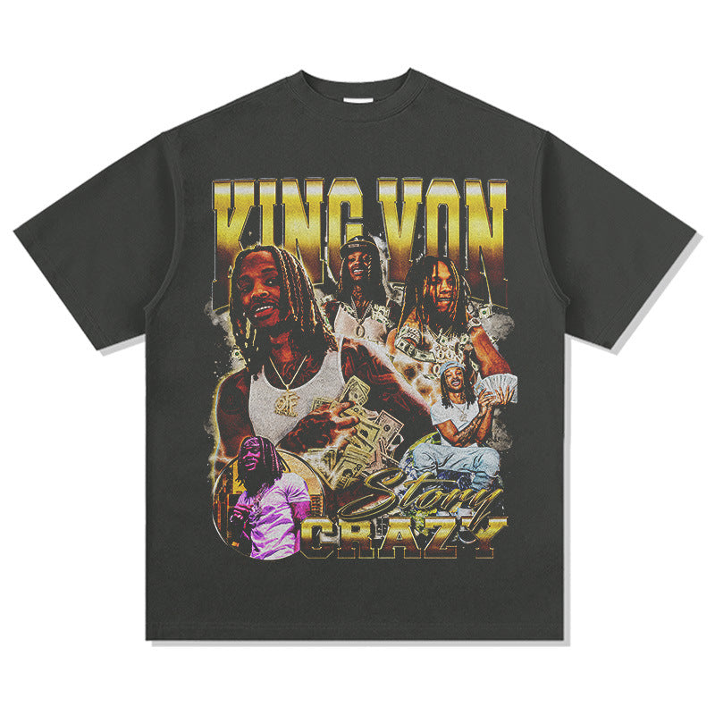 Outfit streetwear vintage hip hop King Von print short sleeve t-shirt