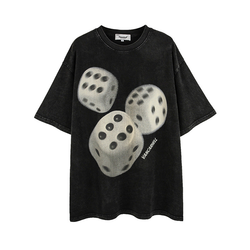Vintage T Shirts Hip Hop Vintage Washed Dice Print Short Sleeve T-Shirt