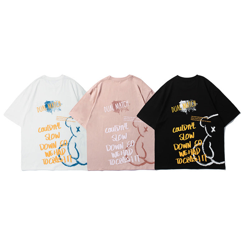 Vice streetwear bear graffiti print short sleeve T-shirt loose round neck T-Shirts