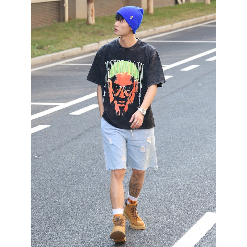 Film Star T Shirt Washed Old American Round Neck Loose T-Shirt Retro Short Sleeve