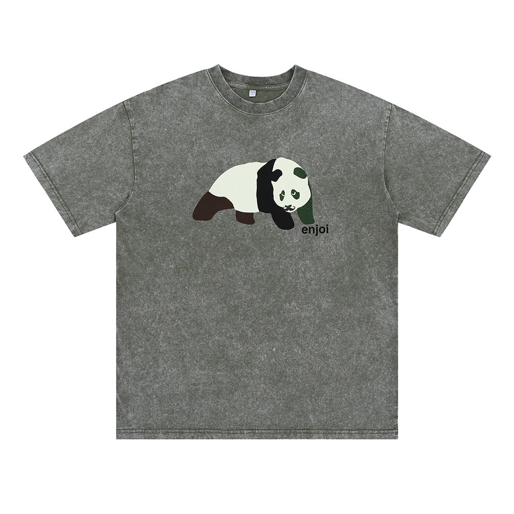 Vic Streetwear Summer Panda Print Washing Water Retro Short Sleeve T-Shirt