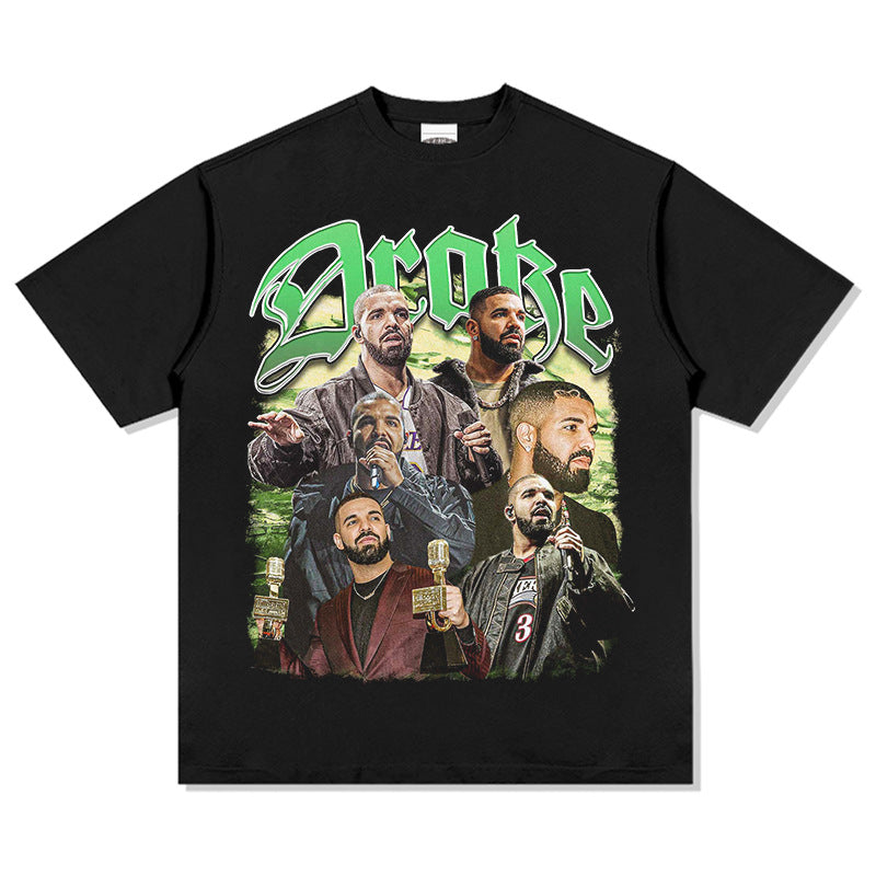 Cool t rapper Drake Printed Hip Hop Street Short Sleeve Vintage Washed T-Shirt Loose Top