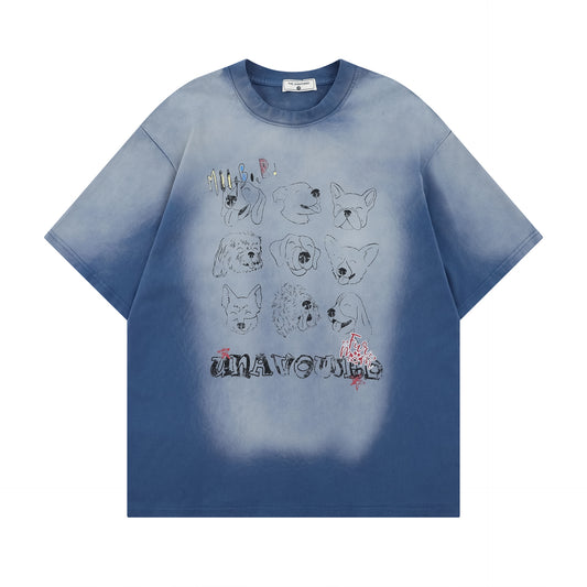 Ye T Shirt summer retro gradual change washed old printed T-shirt short sleeve